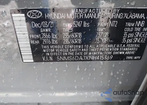 2022 Hyundai Santa Fe Sel z USA, uszkodzony, nr VIN 5NMS6DAJXNH415369